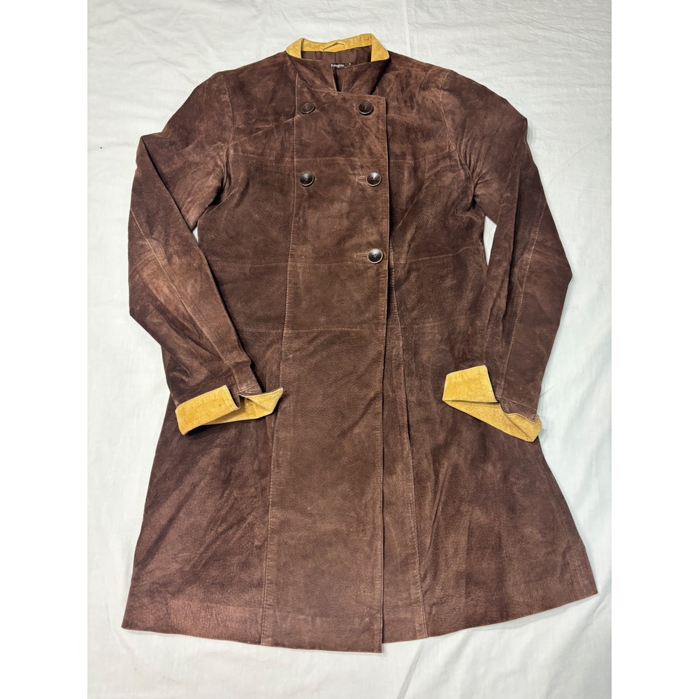 J.McLaughlin Brown Suede Leather Double Breasted Coat Jacket Small Tan Trim